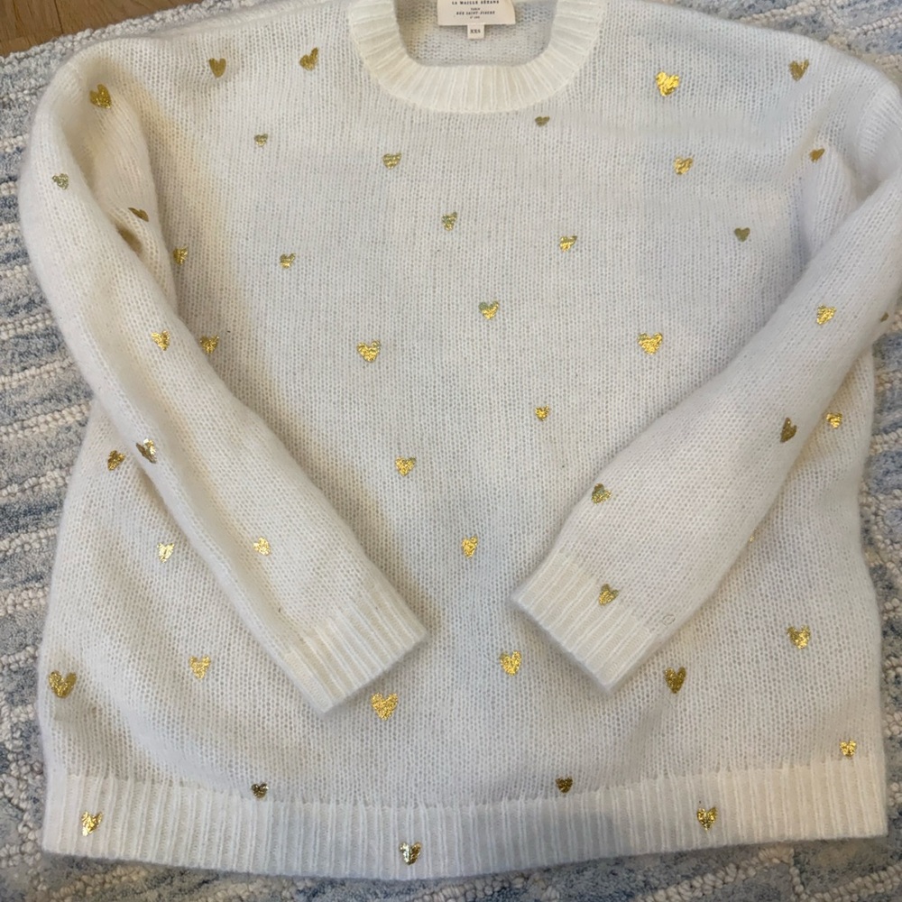 Sezane Cream Crewneck Sweater with Gold Heart Accents